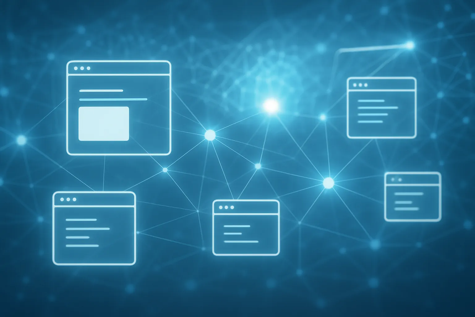 Darstellung eines digitalen Netzwerks mit abstrahierten, leuchtenden Browserfenstern, die über Lichtlinien miteinander verbunden sind, auf blauem, futuristischem Hintergrund mit angedeuteten neuronalen Strukturen.
