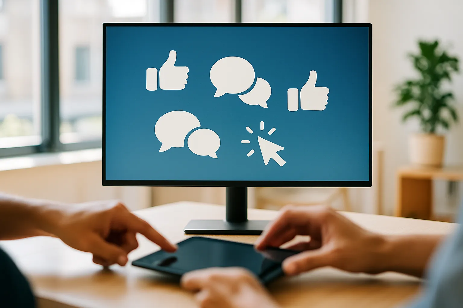 Büroraum mit einem großen Bildschirm oder Display, auf dem stilisierte Icons von Nutzerinteraktionen (wie Daumen-hoch-Symbole, Sprechblasen, Klick-Symbole) dezent zu sehen sind. Im Vordergrund unscharfe Hände oder Silhouetten, die auf ein Tablet oder Smartphone zeigen, das symbolisch für digitale Interaktionen steht.