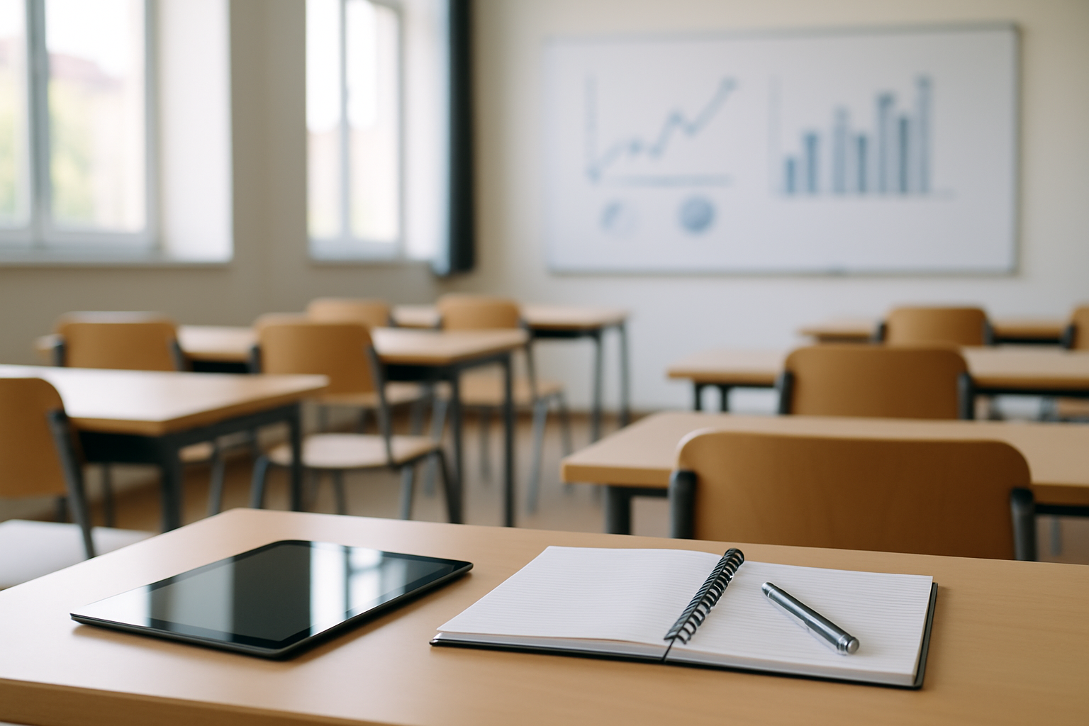 Heller Seminarraum mit Tablet, Notizbuch und Stift auf einem Tisch, im Hintergrund Whiteboard mit unscharfen Finanzdiagrammen.