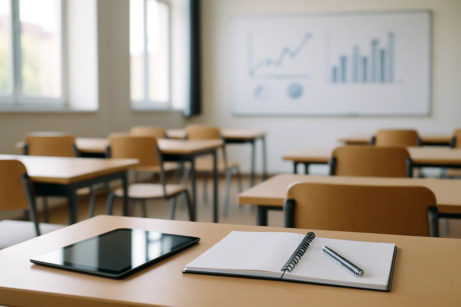 Heller Seminarraum mit Tablet, Notizbuch und Stift auf einem Tisch, im Hintergrund Whiteboard mit unscharfen Finanzdiagrammen.