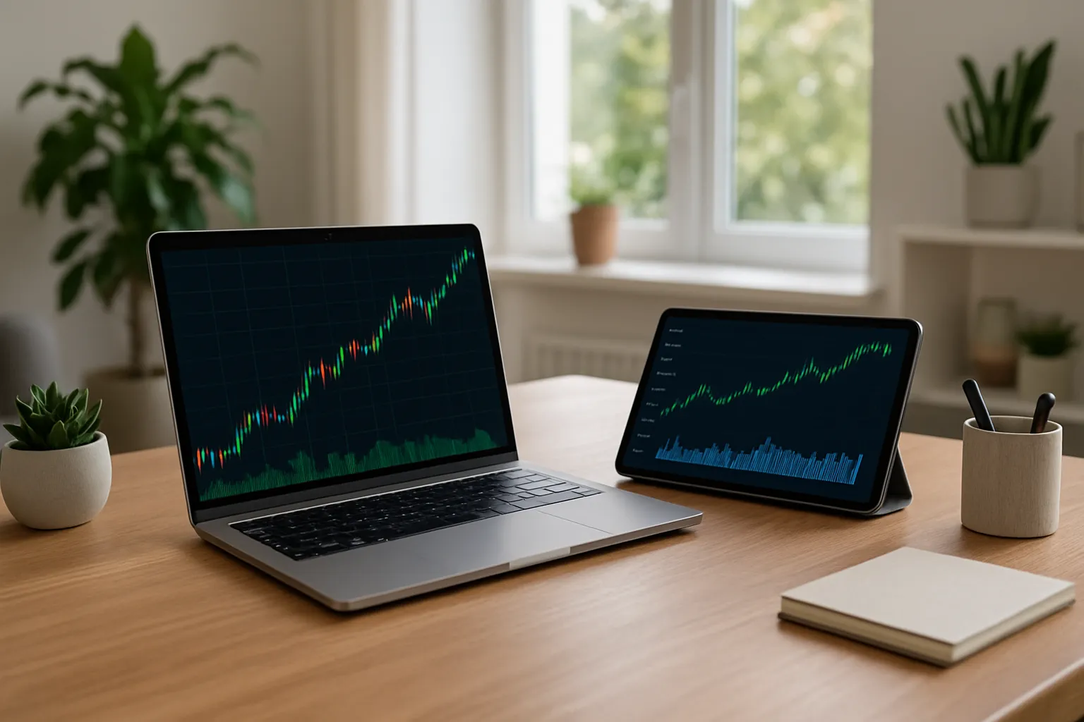 Helles Homeoffice mit Laptop und Tablet, die Börsendiagramme anzeigen, auf einem aufgeräumten Schreibtisch vor einem Fenster mit Tageslicht.