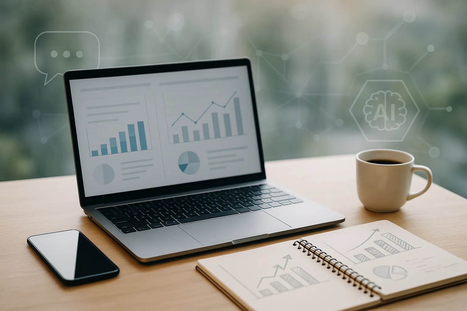 Schreibtisch bei Tageslicht. Auf dem Tisch: ein offener Laptop mit angedeuteter Datenvisualisierung, ein Smartphone, ein Notizbuch mit Skizzen und eine Tasse Kaffee. Subtile technologische Elemente im Hintergrund, wie transparente Chatblasen, vernetzte Linien oder dezente KI-Symbole.