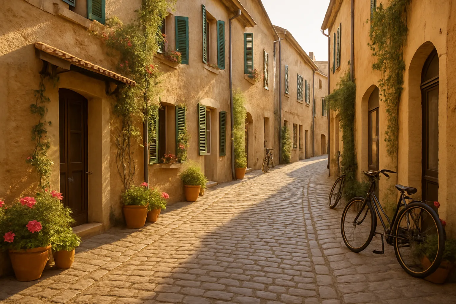 Idyllische Altstadtgasse mit Kopfsteinpflaster, historischen Gebäuden, blühenden Pflanzen und abgestellten Fahrrädern im warmen Abendlicht einer südeuropäischen Kleinstadt.