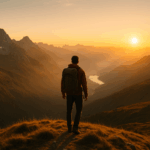 Ein einsamer Wanderer mit Rucksack steht bei Sonnenaufgang auf einem Bergrücken und blickt in ein nebelverhangenes Tal – Symbol für Freiheit und Aufbruch.