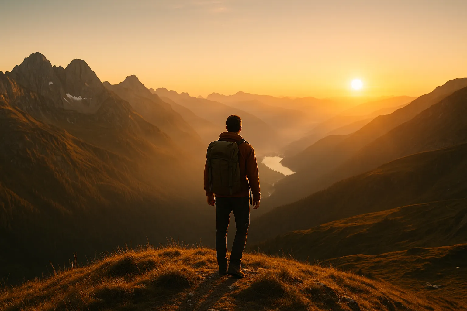 Ein einsamer Wanderer mit Rucksack steht bei Sonnenaufgang auf einem Bergrücken und blickt in ein nebelverhangenes Tal – Symbol für Freiheit und Aufbruch.