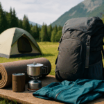Campingausrüstung ordentlich arrangiert auf einer Holzplatte mit Rucksack, Isomatte, Campingkocher und Jacke im Vordergrund, Zelt und Berge im Hintergrund bei Tageslicht.