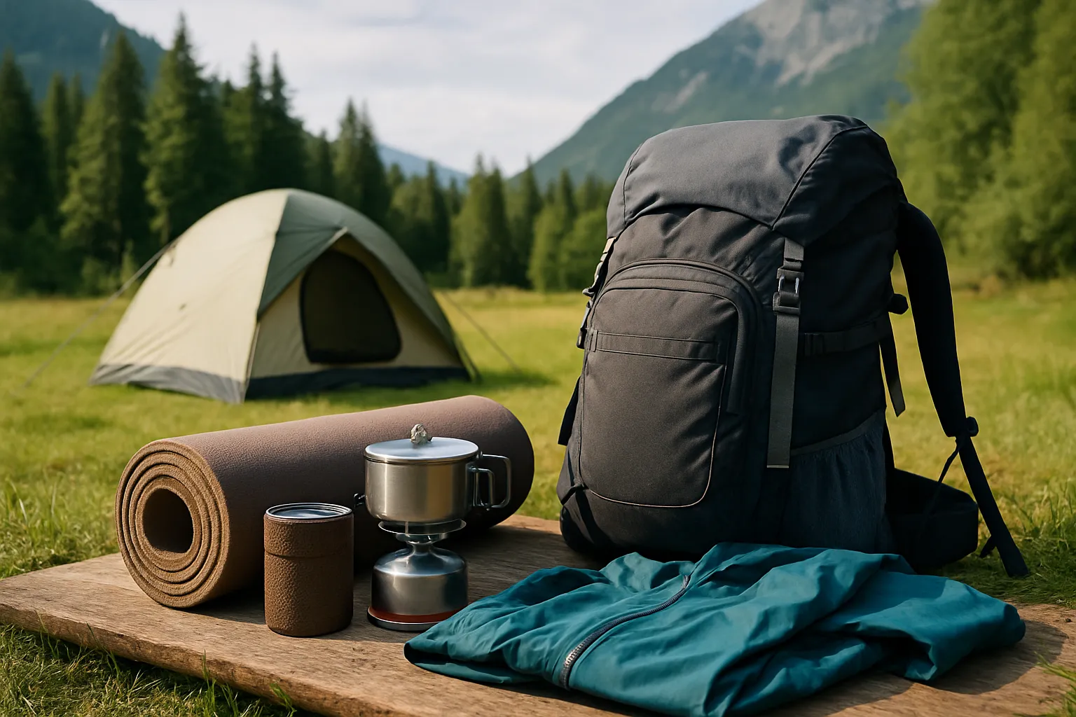 Campingausrüstung ordentlich arrangiert auf einer Holzplatte mit Rucksack, Isomatte, Campingkocher und Jacke im Vordergrund, Zelt und Berge im Hintergrund bei Tageslicht.