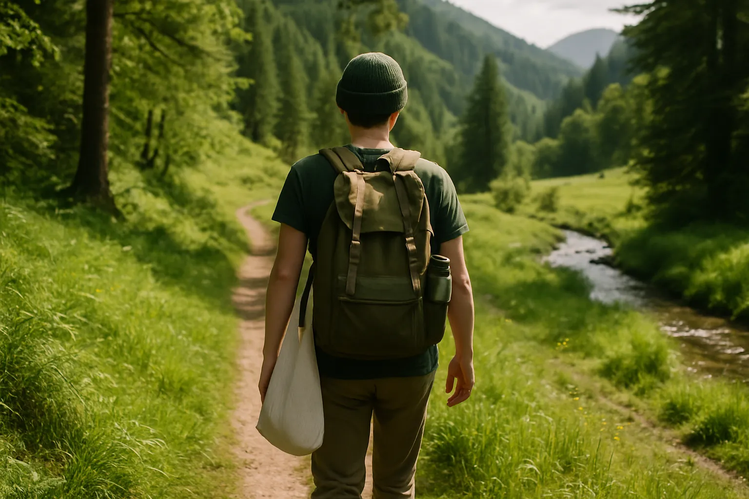 Eine Person mit Rucksack und Stoffbeutel wandert auf einem sonnigen Naturpfad entlang eines Bachs durch eine grüne, bewaldete Hügellandschaft.