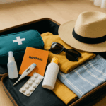 Offener Reisekoffer mit Sonnenhut, Sonnenbrille, Kleidung und Reiseapotheke inklusive Impfpass, Thermometer, Tabletten und Desinfektionsmittel auf hellem Holzboden.