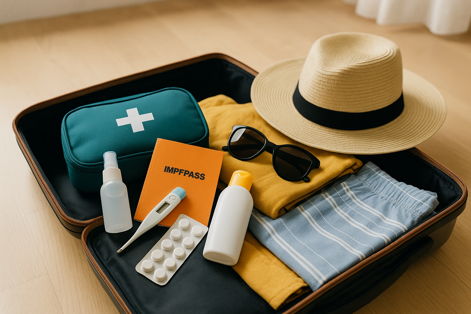 Offener Reisekoffer mit Sonnenhut, Sonnenbrille, Kleidung und Reiseapotheke inklusive Impfpass, Thermometer, Tabletten und Desinfektionsmittel auf hellem Holzboden.