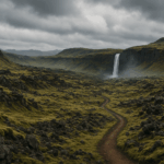 Eine weite isländische Landschaft mit schroffen Lavafeldern, moosbedeckten Hügeln und einem abgelegenen Wanderpfad, der sich durch die Natur schlängelt. Im Hintergrund ein Wasserfall, der aus einer steilen Klippe fällt, während leichter Nebel durch das Tal zieht.