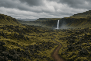 Eine weite isländische Landschaft mit schroffen Lavafeldern, moosbedeckten Hügeln und einem abgelegenen Wanderpfad, der sich durch die Natur schlängelt. Im Hintergrund ein Wasserfall, der aus einer steilen Klippe fällt, während leichter Nebel durch das Tal zieht.