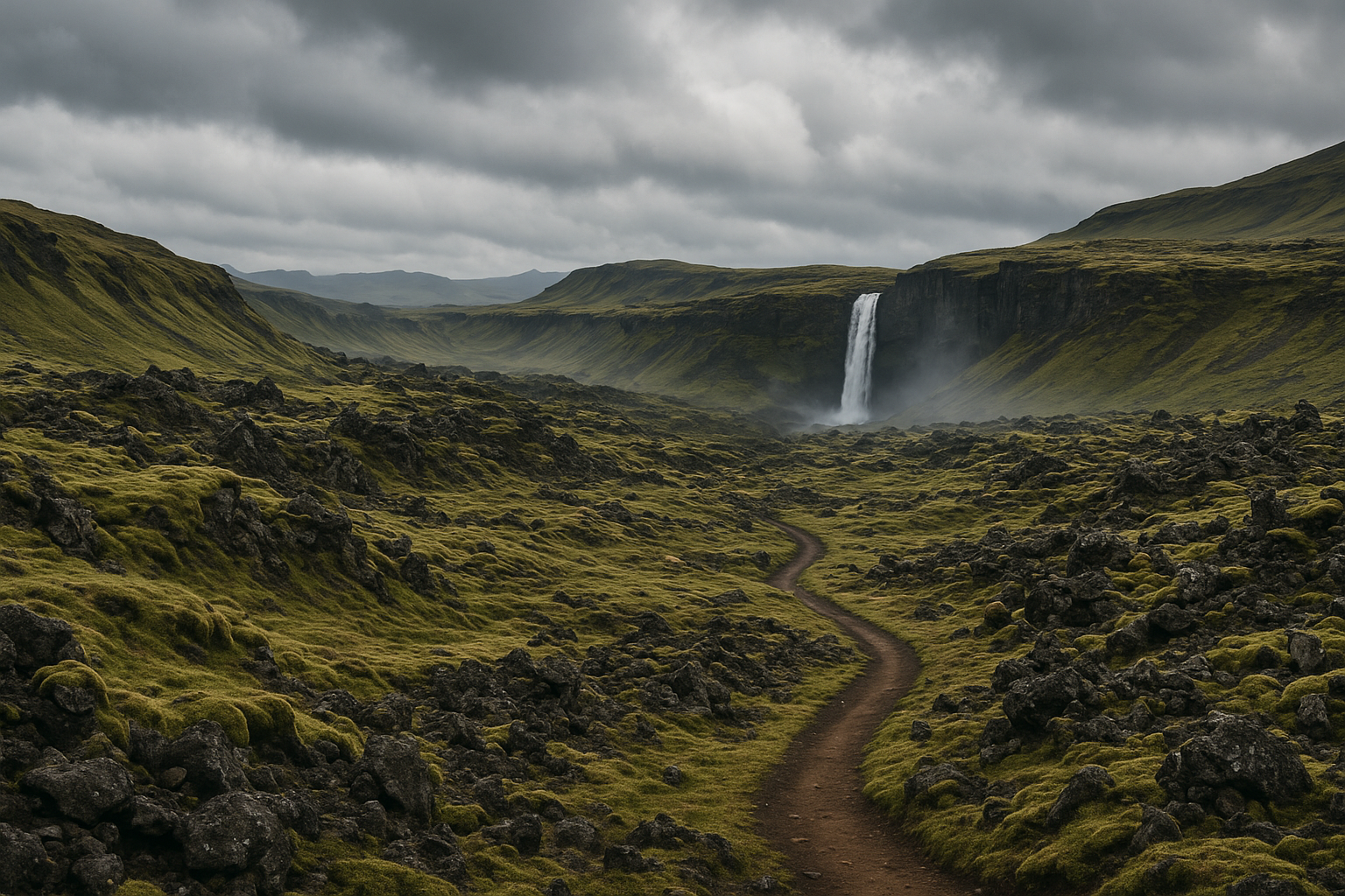 Eine weite isländische Landschaft mit schroffen Lavafeldern, moosbedeckten Hügeln und einem abgelegenen Wanderpfad, der sich durch die Natur schlängelt. Im Hintergrund ein Wasserfall, der aus einer steilen Klippe fällt, während leichter Nebel durch das Tal zieht.