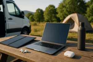 Mobiler Arbeitsplatz im Freien mit Laptop, Solarpanel, Earbuds und Wasserflasche auf einem Holztisch.