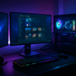 PC-Arbeitsplatz mit drei Monitoren in einer Gaming-Umgebung. Auf einem Monitor ist vage die Steam-Oberfläche erkennbar. Die Szene zeigt eine leicht futuristische Atmosphäre, mit subtilen Lichteffekten.