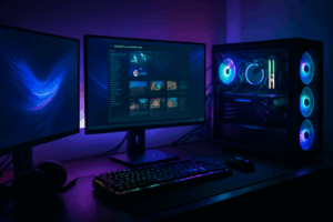 PC-Arbeitsplatz mit drei Monitoren in einer Gaming-Umgebung. Auf einem Monitor ist vage die Steam-Oberfläche erkennbar. Die Szene zeigt eine leicht futuristische Atmosphäre, mit subtilen Lichteffekten.