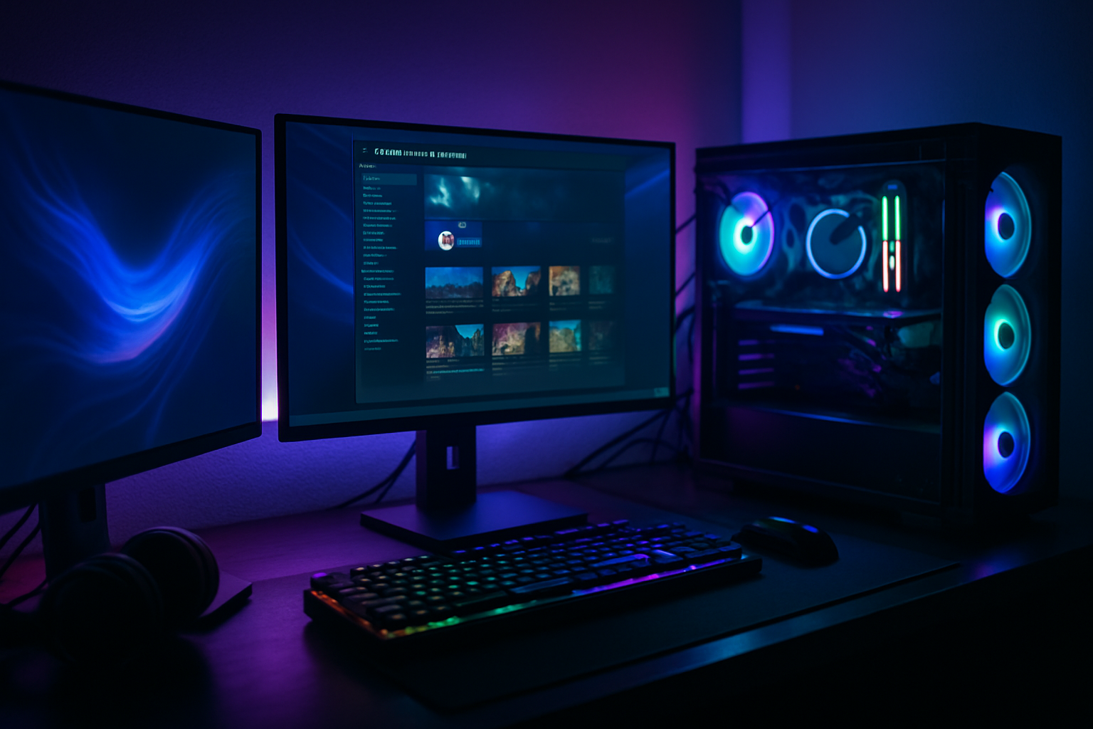 PC-Arbeitsplatz mit drei Monitoren in einer Gaming-Umgebung. Auf einem Monitor ist vage die Steam-Oberfläche erkennbar. Die Szene zeigt eine leicht futuristische Atmosphäre, mit subtilen Lichteffekten.