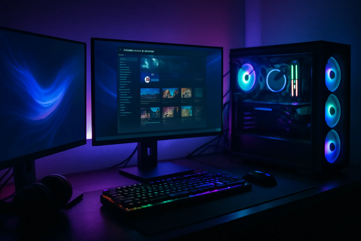 PC-Arbeitsplatz mit drei Monitoren in einer Gaming-Umgebung. Auf einem Monitor ist vage die Steam-Oberfläche erkennbar. Die Szene zeigt eine leicht futuristische Atmosphäre, mit subtilen Lichteffekten.