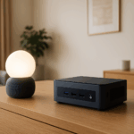 Auf einem eleganten Sideboard oder Schreibtisch steht ein kleiner, unauffälliger Mini-PC neben einem stilvollen Smart-Home-Gerät.