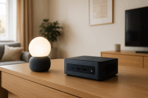 Auf einem eleganten Sideboard oder Schreibtisch steht ein kleiner, unauffälliger Mini-PC neben einem stilvollen Smart-Home-Gerät.