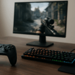 Gaming-Setup mit einem schwarzen Controller auf der linken Seite, einer beleuchteten mechanischen Tastatur und einer RGB-Maus rechts daneben, in der Mitte ein Monitor mit unscharf dargestelltem Ego-Shooter-Spiel, alles auf einem Holzschreibtisch in neutral beleuchtetem Raum.