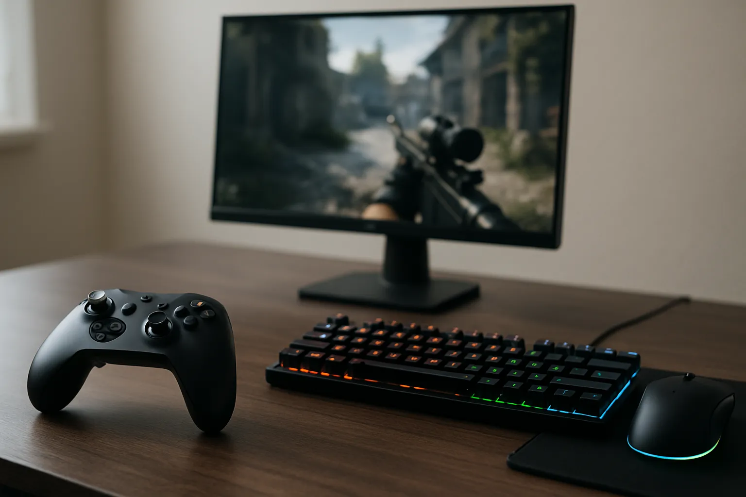 Gaming-Setup mit einem schwarzen Controller auf der linken Seite, einer beleuchteten mechanischen Tastatur und einer RGB-Maus rechts daneben, in der Mitte ein Monitor mit unscharf dargestelltem Ego-Shooter-Spiel, alles auf einem Holzschreibtisch in neutral beleuchtetem Raum.