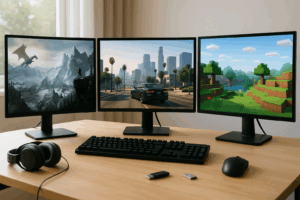 Aufgeräumter Gaming-Schreibtischs, auf dem drei Monitore stehen. Auf den Bildschirmen sind jeweils typische Spiele-Szenen zu sehen. Auf dem Tisch liegen Kopfhörer, Maus, Tastatur und ein USB-Stick.