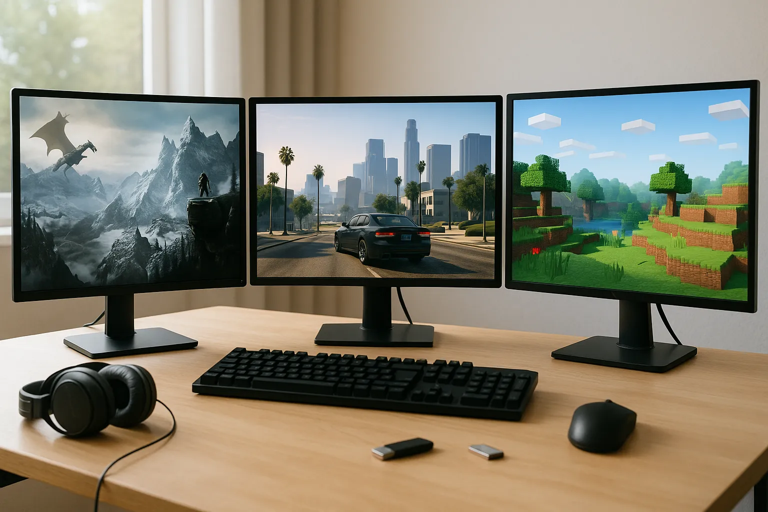 Aufgeräumter Gaming-Schreibtischs, auf dem drei Monitore stehen. Auf den Bildschirmen sind jeweils typische Spiele-Szenen zu sehen. Auf dem Tisch liegen Kopfhörer, Maus, Tastatur und ein USB-Stick.