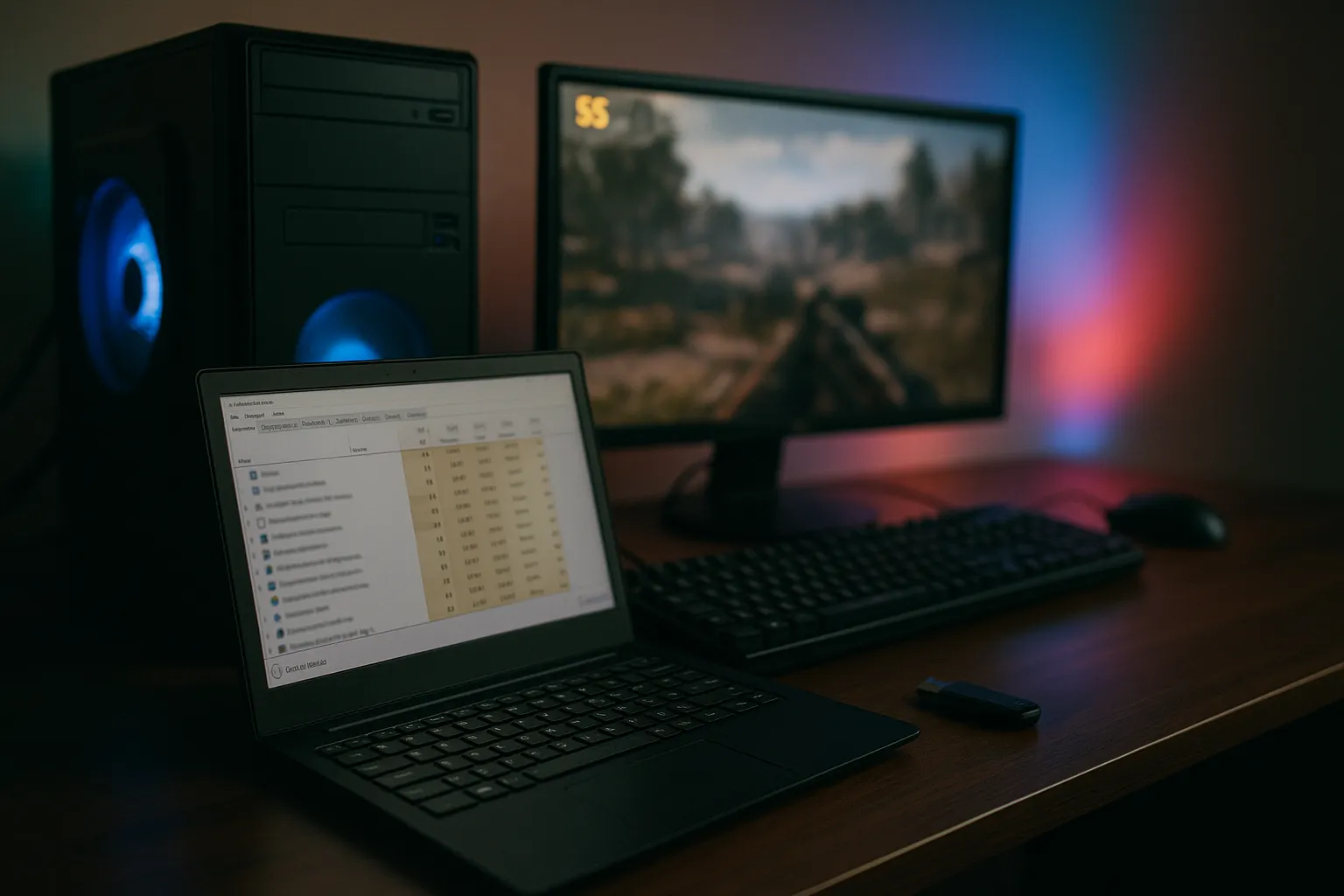 Gaming-Setup mit älterem PC-Gehäuse, schlichter Tastatur und kleinem Monitor in einem dunkleren Raum. Auf dem Monitor läuft ein Spiel, sichtbare FPS-Anzeige im HUD. Im Vordergrund ein USB-Stick, ein geöffneter Laptop mit Task-Manager.