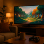 Ein gemütliches Wohnzimmer mit weicher Beleuchtung, in dem ein großer Fernseher eine farbenfrohe, friedliche Spielszene mit Waldlandschaft zeigt. Auf einem Holztisch davor stehen eine Tasse und ein Gamecontroller, umgeben von Pflanzen, einer brennenden Kerze und Kissen auf dem Sofa.