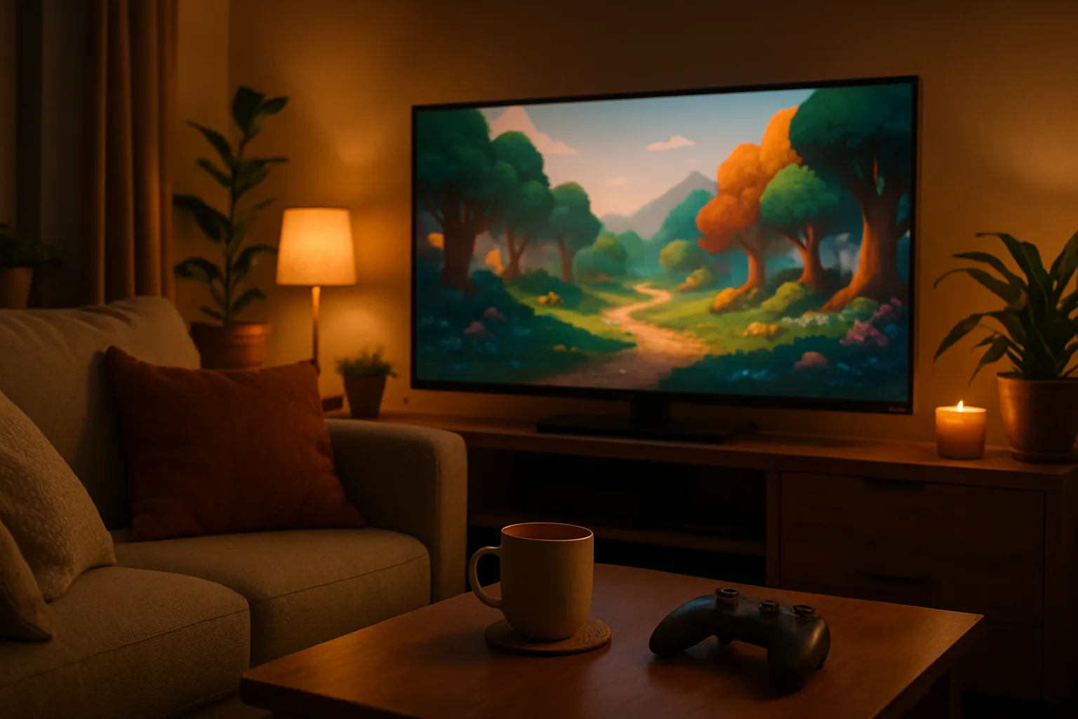 Ein gemütliches Wohnzimmer mit weicher Beleuchtung, in dem ein großer Fernseher eine farbenfrohe, friedliche Spielszene mit Waldlandschaft zeigt. Auf einem Holztisch davor stehen eine Tasse und ein Gamecontroller, umgeben von Pflanzen, einer brennenden Kerze und Kissen auf dem Sofa.