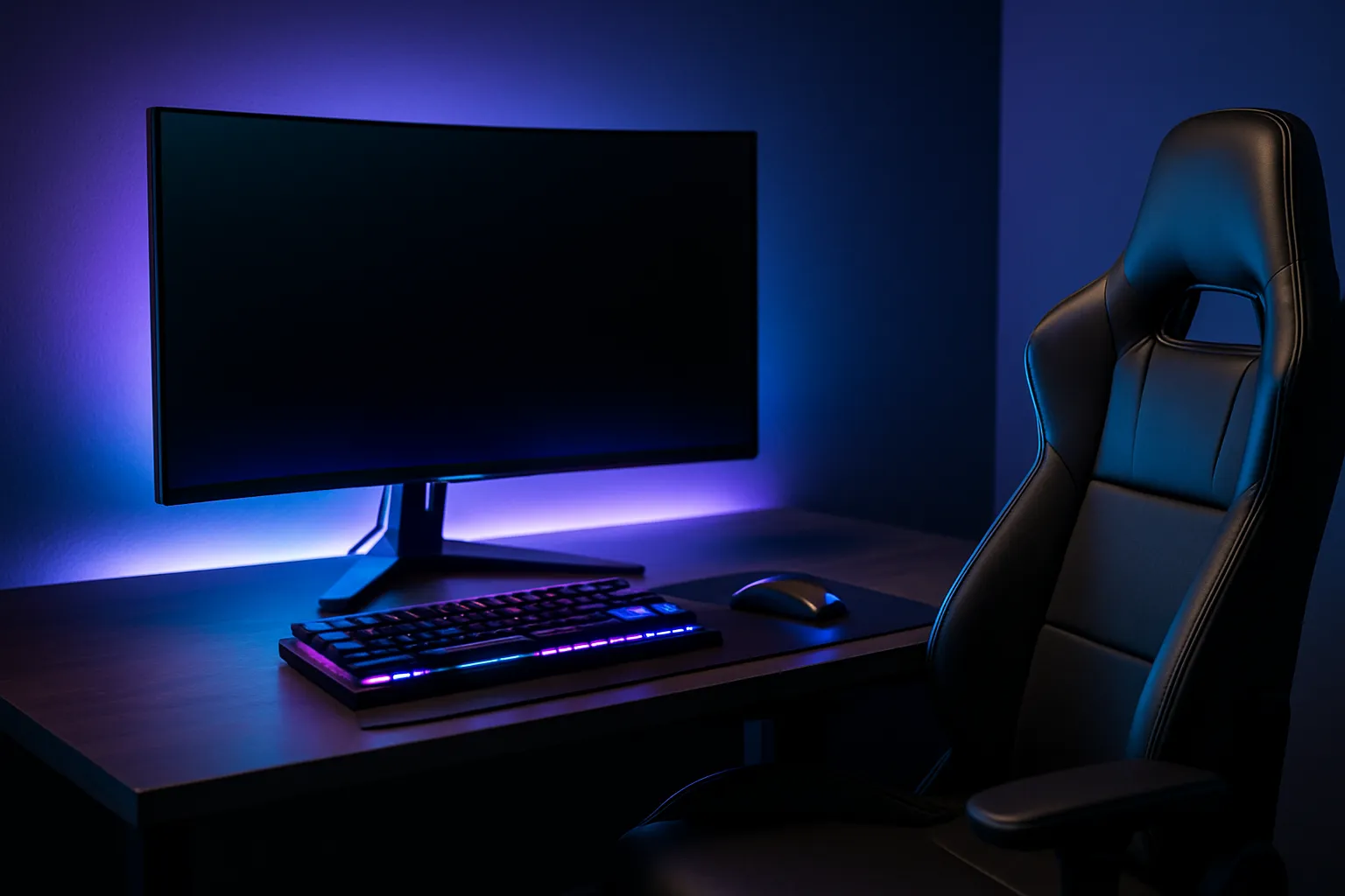 Ein modernes eSports-Setup mit einem ultra-breiten Monitor, RGB-beleuchteter mechanischer Tastatur, Gaming-Maus und einem ergonomischen Gaming-Stuhl in einem stilvoll beleuchteten Raum mit blauer und violetter Akzentbeleuchtung.