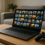 Fotorealistisches Bild eines modernen Gaming-Setups mit einem Laptop auf einem Holztisch, daneben ein schwarzer Controller. Auf dem Bildschirm ist eine unscharfe, bunte Spielebibliothek zu sehen.