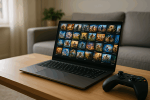Fotorealistisches Bild eines modernen Gaming-Setups mit einem Laptop auf einem Holztisch, daneben ein schwarzer Controller. Auf dem Bildschirm ist eine unscharfe, bunte Spielebibliothek zu sehen.