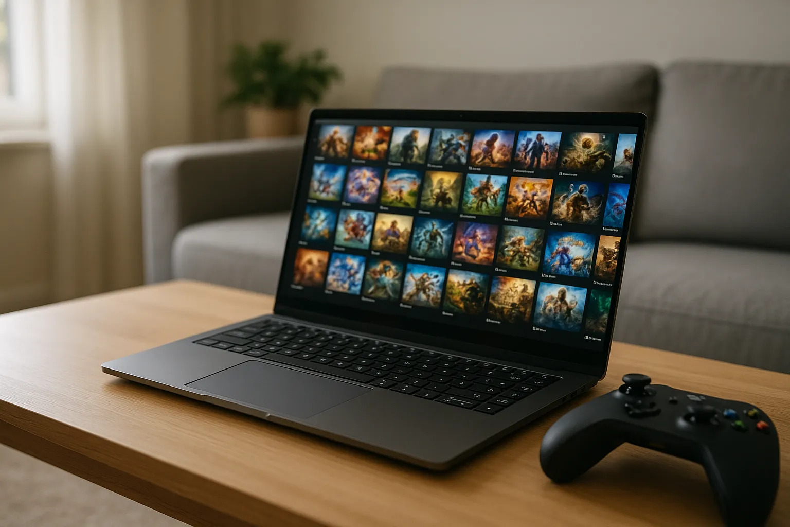 Fotorealistisches Bild eines modernen Gaming-Setups mit einem Laptop auf einem Holztisch, daneben ein schwarzer Controller. Auf dem Bildschirm ist eine unscharfe, bunte Spielebibliothek zu sehen.