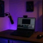 Stilvolles Streaming-Setups in einem kleinen, gemütlich beleuchteten Raum. Ein günstiger Schreibtisch mit LED-Leiste, ein Mittelklasse-Mikrofon auf einem Schwenkarm, ein Laptop mit OBS-Software offen, eine Einsteiger-Webcam auf dem Monitor.
