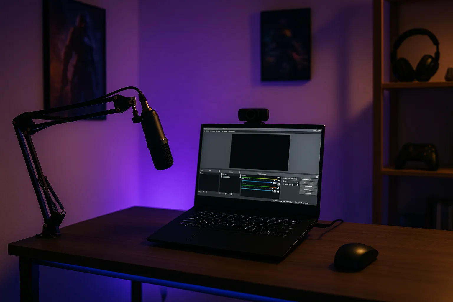 Stilvolles Streaming-Setups in einem kleinen, gemütlich beleuchteten Raum. Ein günstiger Schreibtisch mit LED-Leiste, ein Mittelklasse-Mikrofon auf einem Schwenkarm, ein Laptop mit OBS-Software offen, eine Einsteiger-Webcam auf dem Monitor.