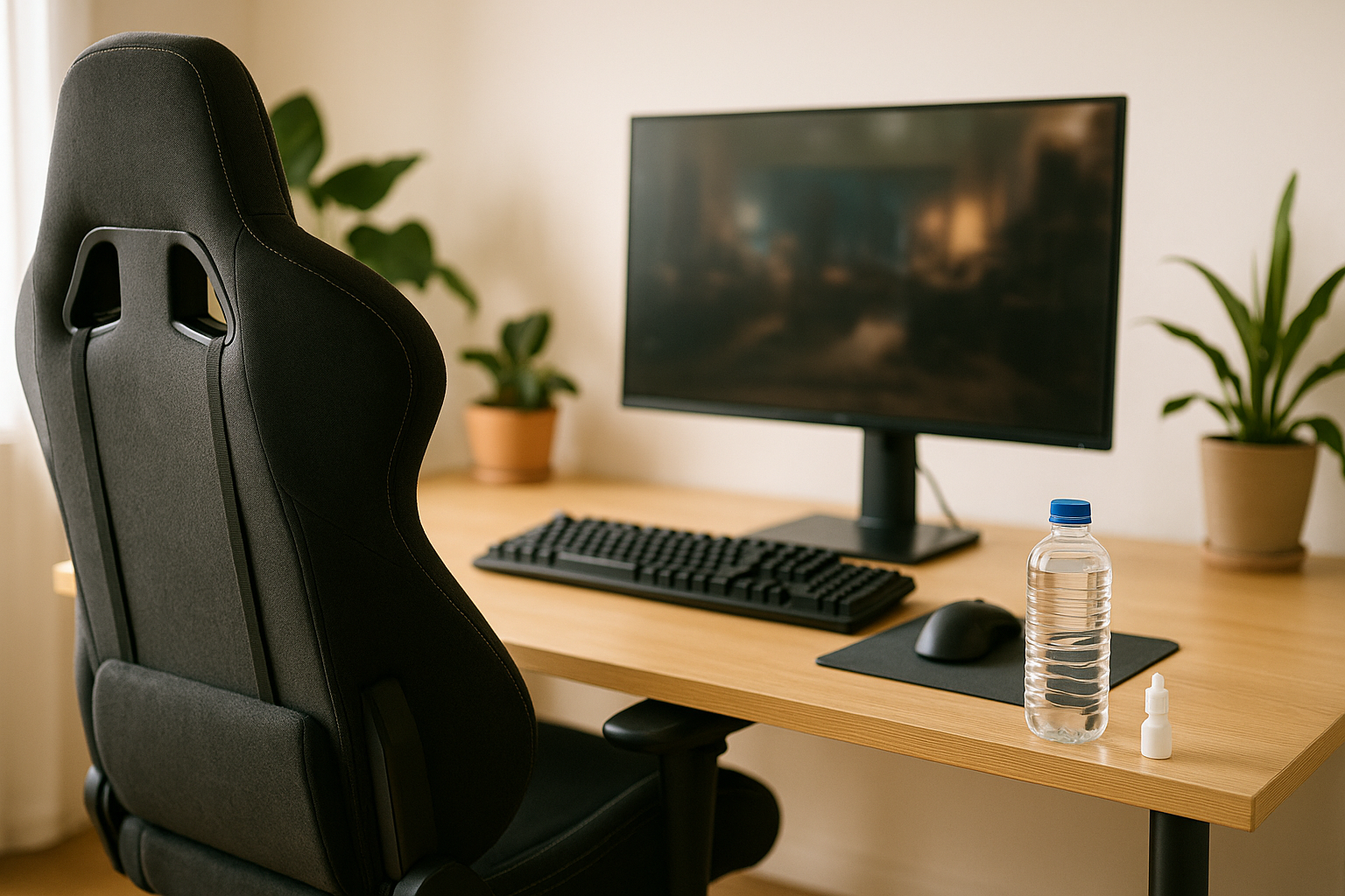 Gaming-Setup in einem gut beleuchteten Raum. Im Vordergrund ein ergonomischer Gaming-Stuhl mit Rückenstütze, daneben ein Schreibtisch mit großem, entspiegeltem Monitor und ergonomischer Tastatur und Maus. Auf dem Tisch steht eine Wasserflasche und ein Paar Augentropfen als subtiler Hinweis auf Gesundheit.