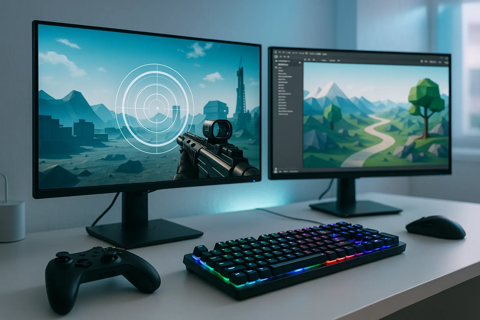 Gaming-Schreibtisch in heller, futuristischer Umgebung. Auf dem Monitor ein stilisiertes First-Person-Spiel mit eingeblendeten Zielkreisen, daneben ein zweiter Bildschirm mit einer 3D-Welt im Aufbau. Im Vordergrund liegen ein Gamecontroller und eine Tastatur mit leuchtenden RGB-Farben.
