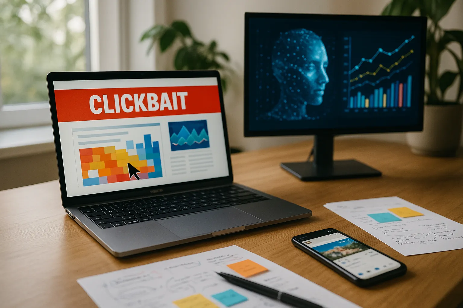 Moderner Schreibtisch mit Laptop und zweitem Bildschirm, die KI-gestützte Content-Analyse und eine auffällige Clickbait-Webseite zeigen, umgeben von Notizen und Smartphone, im hellen Tageslicht.
