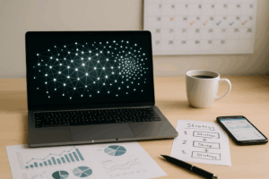 Moderner Schreibtisch mit Laptop, der ein wachsendes Netzwerk aus Backlinks zeigt, umgeben von SEO-Dokumenten, Kaffeetasse, Smartphone mit Analytics-Dashboard und einem Wandkalender mit markierten 30 Tagen.