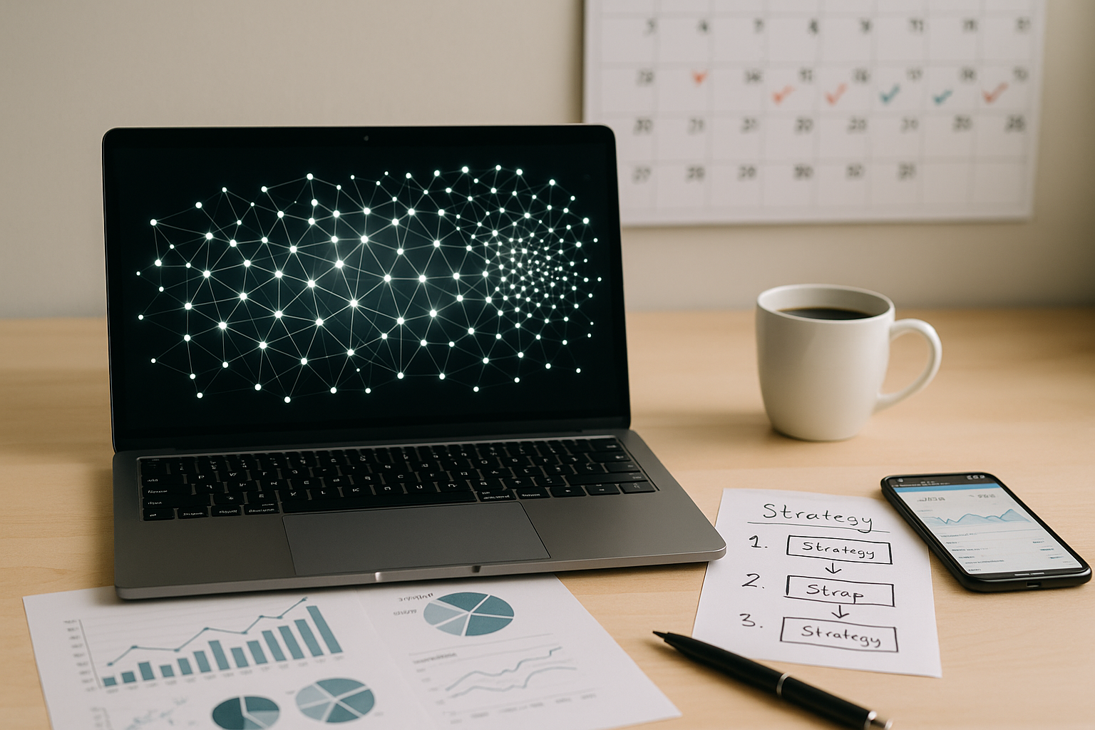 Moderner Schreibtisch mit Laptop, der ein wachsendes Netzwerk aus Backlinks zeigt, umgeben von SEO-Dokumenten, Kaffeetasse, Smartphone mit Analytics-Dashboard und einem Wandkalender mit markierten 30 Tagen.