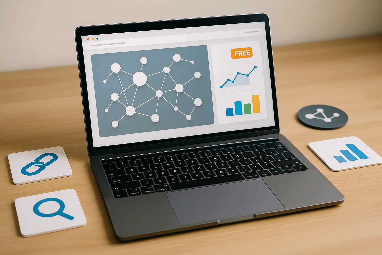 Ein Laptop auf einem hellen Holzschreibtisch zeigt ein Dashboard mit Netzwerkdiagramm und Analysegrafiken; um den Laptop liegen Symbole für digitale Tools wie Backlinks, Suche und Statistiken.