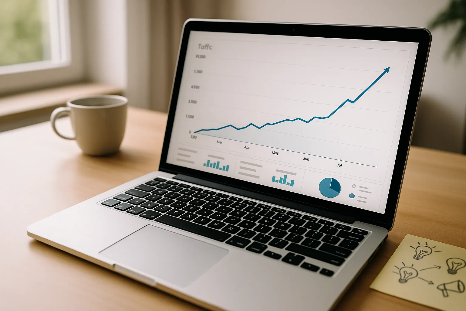 Ein Laptop auf einem hellen Schreibtisch, geöffnet auf einem Analyse-Dashboard mit stark steigender Kurve. Im Hintergrund unscharf: eine Tasse Kaffee, ein Smartphone mit geöffneter Social-Media-App und Notizzettel mit Ideen-Skizzen.