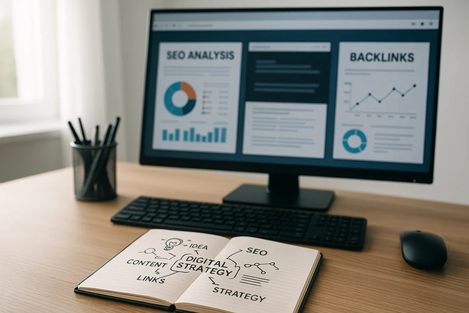 Eine moderne Computerarbeitsfläche mit einem großen Bildschirm, auf denen SEO-Analysen, Backlink-Diagramme. Im Vordergrund liegt ein Notizbuch mit Skizzen zu einer digitalen Marketingstrategie.