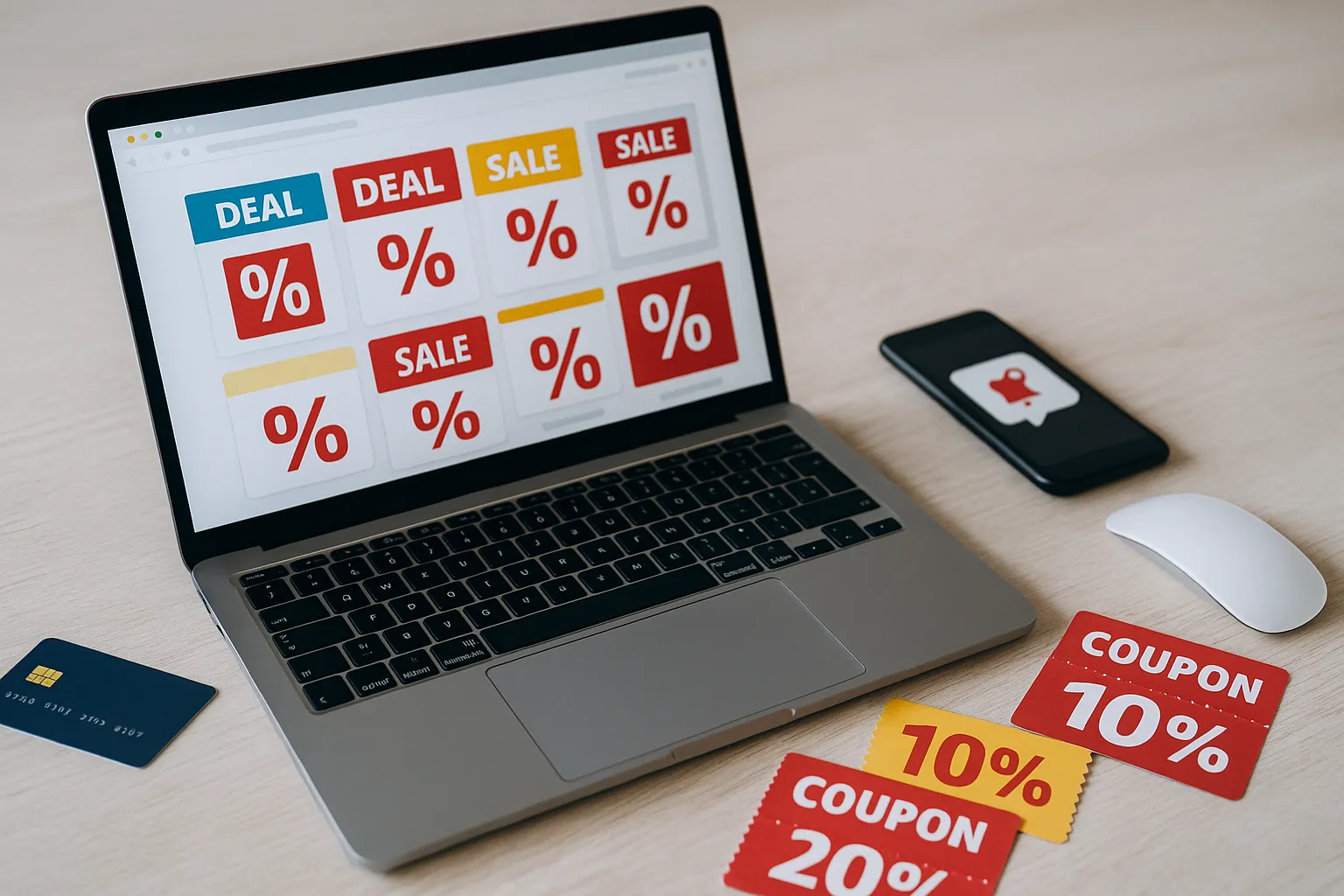 Ein heller, moderner geöffneter Laptop. Auf dem Bildschirm erkennt man mehrere Tabs mit bunten Angebotskacheln und %-Symbolen, die typische Deal-Seiten imitieren. Daneben liegen Rabatt-Gutscheine, eine Kreditkarte, ein Smartphone mit einer Push-Benachrichtigung und eine Maus.