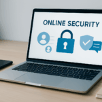 Moderner Schreibtisch mit Laptop und Smartphone, Bildschirm zeigt Symbole für Online-Sicherheit, Datenschutz und digitale Kommunikation.