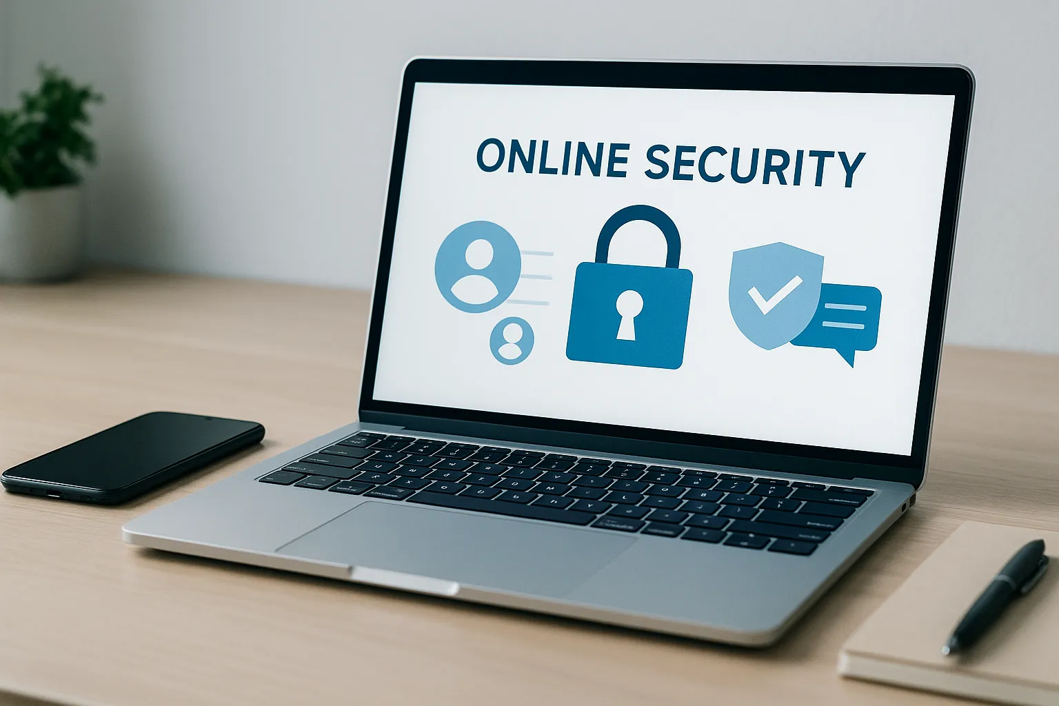 Moderner Schreibtisch mit Laptop und Smartphone, Bildschirm zeigt Symbole für Online-Sicherheit, Datenschutz und digitale Kommunikation.