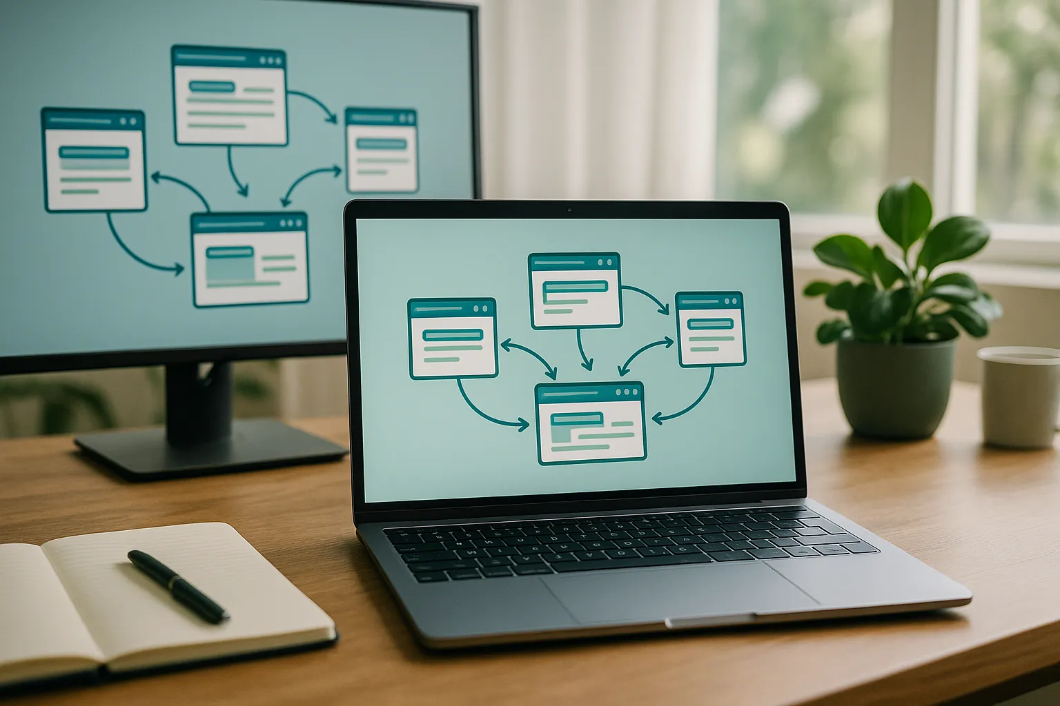 Laptop auf einem Holztisch. Im Vordergrund ein schematisch dargestelltes Netzwerk aus verbundenen Webseiten (z. B. stilisierte Browserfenster auf einem zweiten Bildschirm oder als Grafik auf dem Laptop), das symbolisch für Trackbacks und organische Verlinkungen steht.