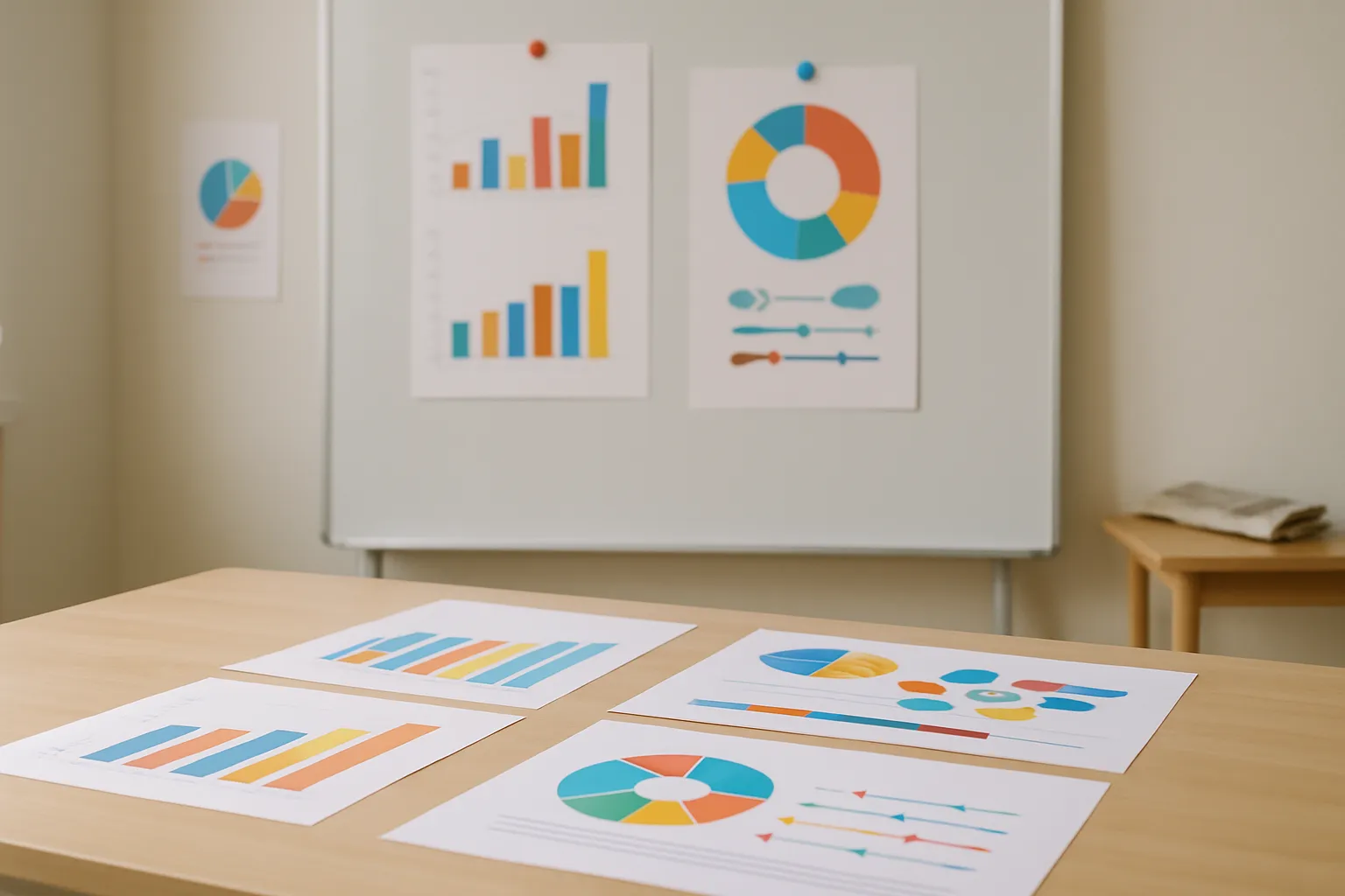 Auf einem großen Whiteboard sind bunte Infografiken angebracht – Balkendiagramme, Kreisdiagramme, Flussdiagramme, visuell auffällig. Einige Ausdrucke hängen an der Wand oder liegen auf einem Präsentationstisch.
